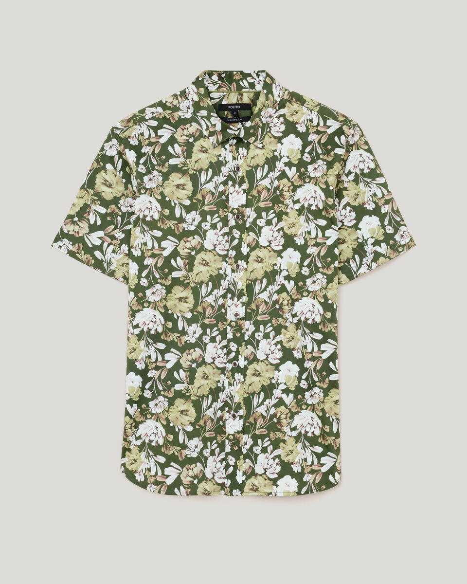 Painted Floral Short Sleeve Shirt, Khaki, hi-res